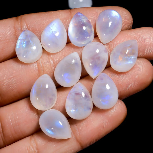 Fabulous Top Grade Quality 100% Natural Rainbow Moonstone Pear Shape Cabochon Gemstone 13 Pcs Lot For Making Jewelry 94 Ct. 13X9X5 mm V-7685