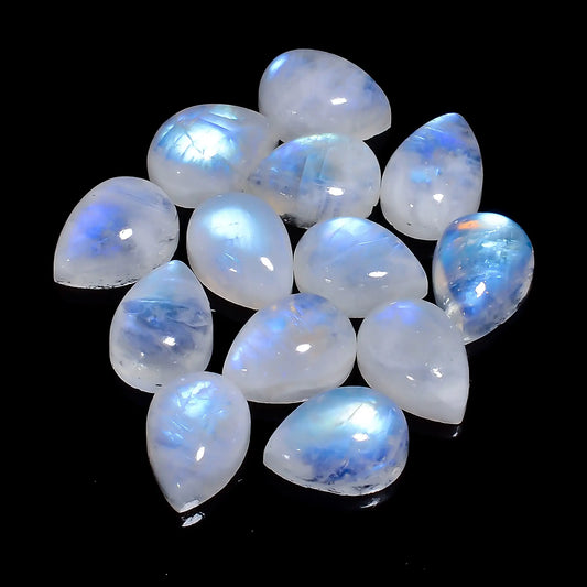 Fabulous Top Grade Quality 100% Natural Rainbow Moonstone Pear Shape Cabochon Gemstone 13 Pcs Lot For Making Jewelry 94 Ct. 13X9X5 mm V-7685