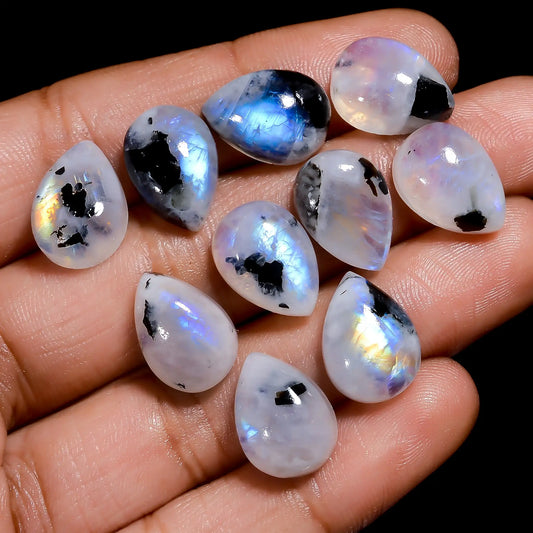 Rainbow Moonstone Pear Shape Cabochon Loose Gemstone 10 Pcs Lot Natural 70 Ct. 13X9X5 mm V-7686