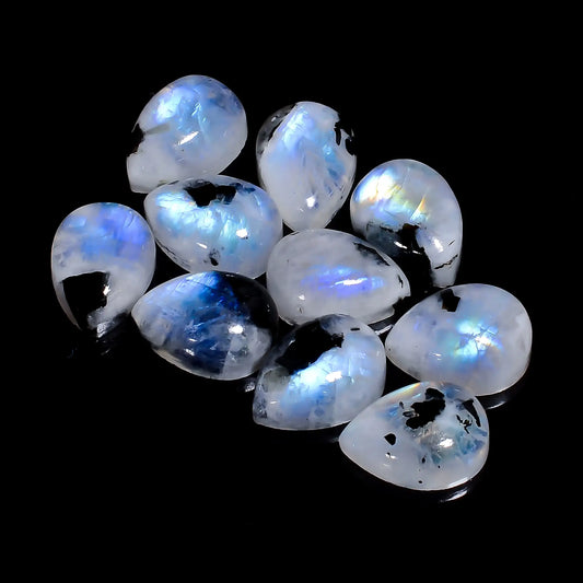 Rainbow Moonstone Pear Shape Cabochon Loose Gemstone 10 Pcs Lot Natural 70 Ct. 13X9X5 mm V-7686