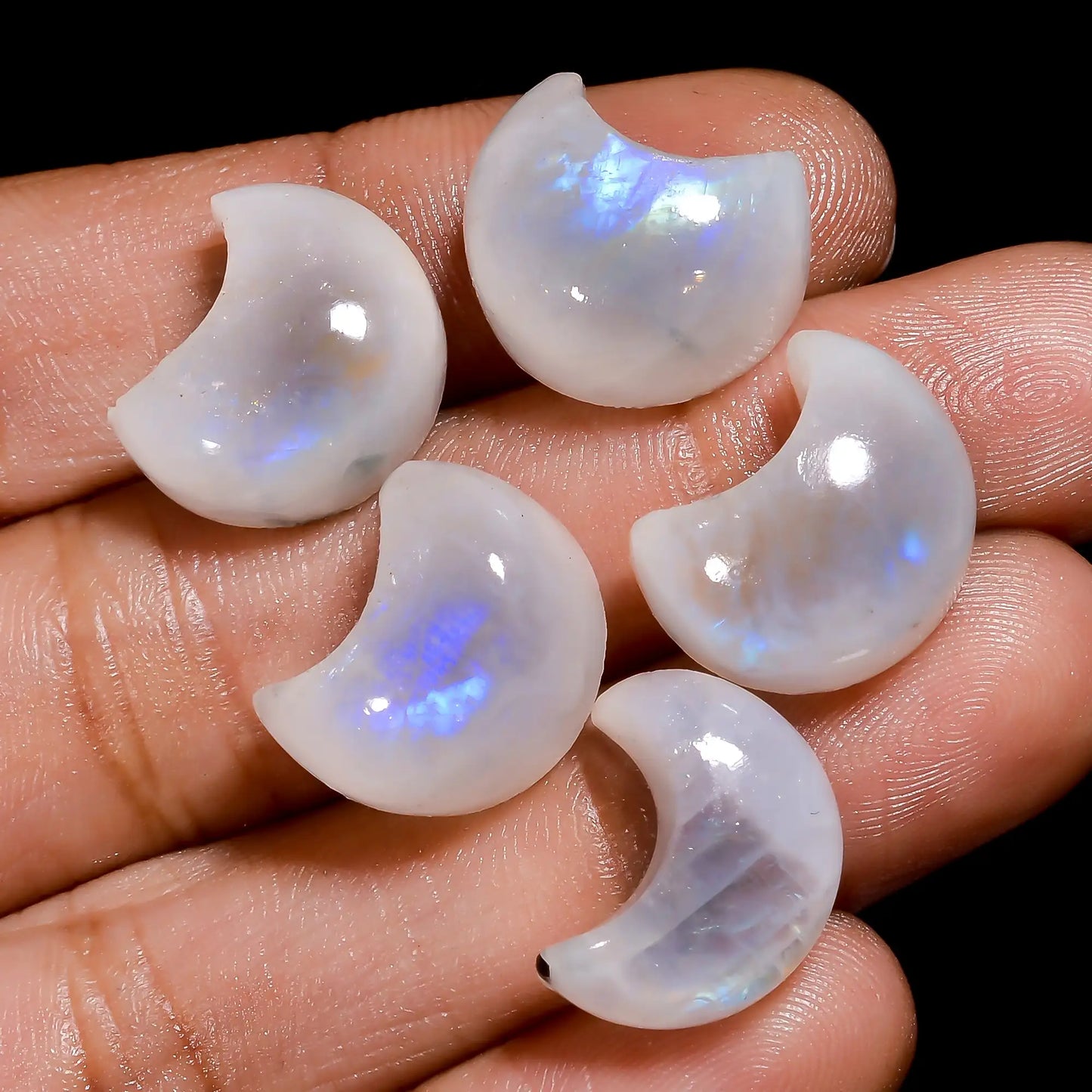 Gorgeous A One Quality 100% Natural Rainbow Moonstone Crescent Moon Cabochon Gemstone 5 Pcs Lot For Making Jewelry 54.5 Ct 14X11X6 mm V-7687