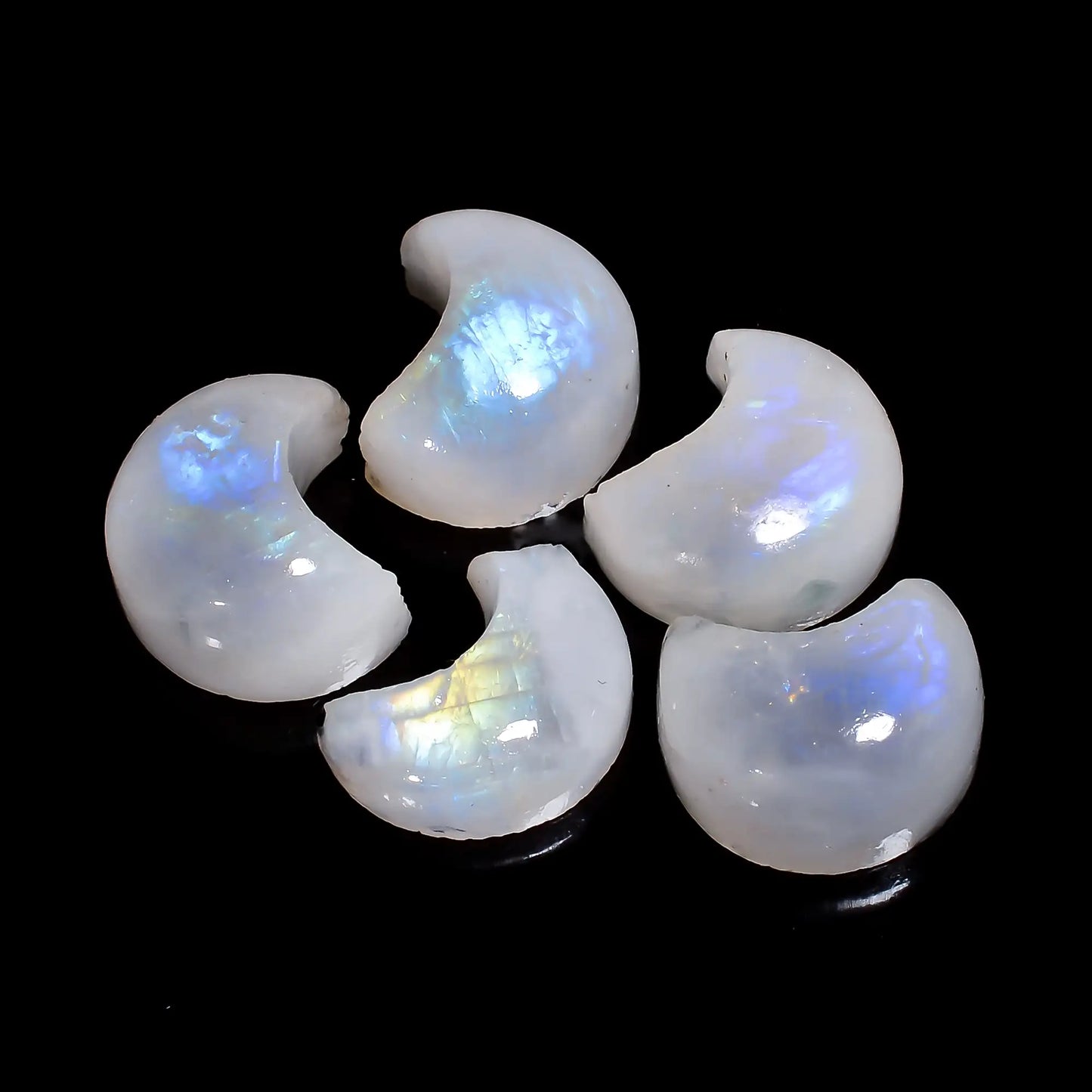 Gorgeous A One Quality 100% Natural Rainbow Moonstone Crescent Moon Cabochon Gemstone 5 Pcs Lot For Making Jewelry 54.5 Ct 14X11X6 mm V-7687