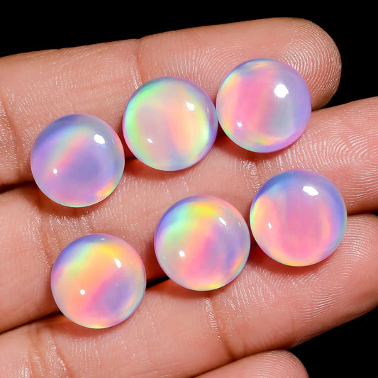 Immaculate Top Grade Quality Doublet Aurora Opal Round Cabochon Gemstone 6 Pcs Lot For Making Jewelry 30 Ct. 11X11X4 mm V-7688