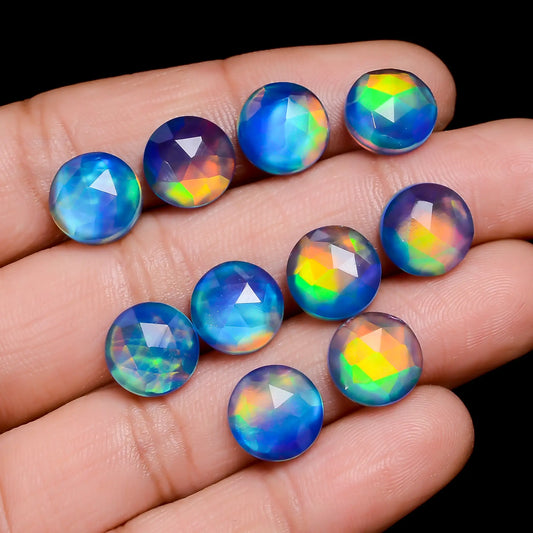 Outstanding Top Grade Quality Doublet Aurora Opal Round Faceted Gemstone 10 Pcs Lot For Making Jewelry 29 Ct. 9X9X4 mm V-7695