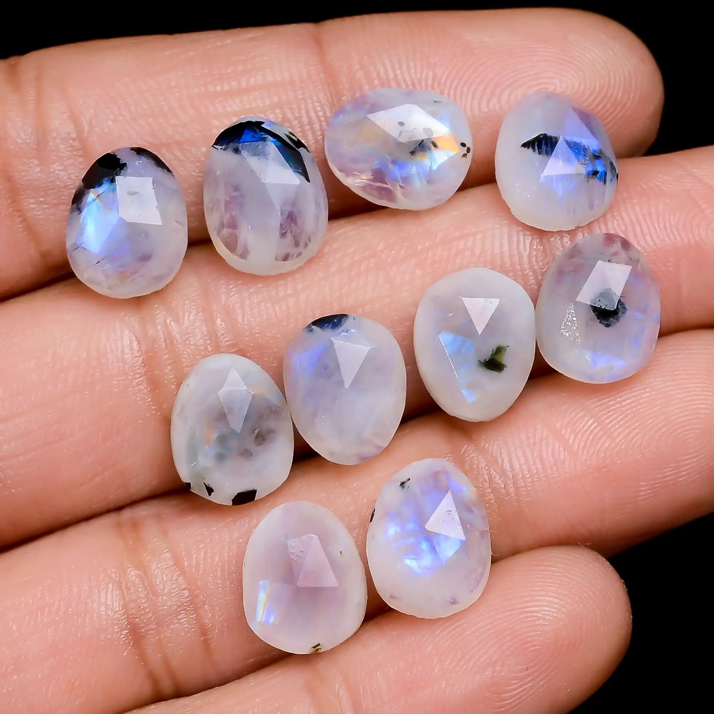 Beautiful Top Grade Quality 100% Natural Rainbow Moonstone Egg Shape Faceted Gemstone 10 Pcs Lot For Making Jewelry 37 Ct. 9X7X5 mm V-7707