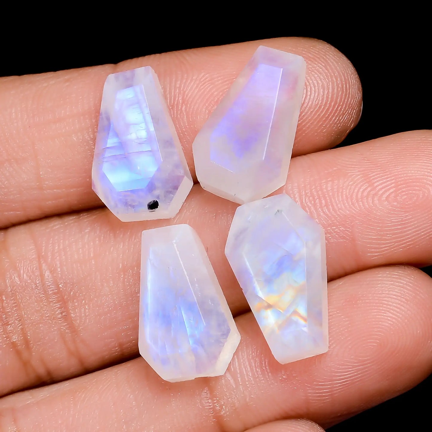 Classic Top Grade Quality 100% Natural Rainbow Moonstone Coffin Shape Cut Stone Gemstone 4 Pcs For Making Jewelry 27.5 Ct. 14X9X5 mm V-7708