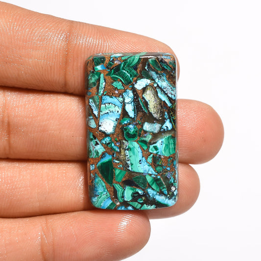Spiny Copper Chrysocolla Malachite Radiant Shape Cabochon Loose Gemstone 28.5 Ct. 32X19X5 mm V-797