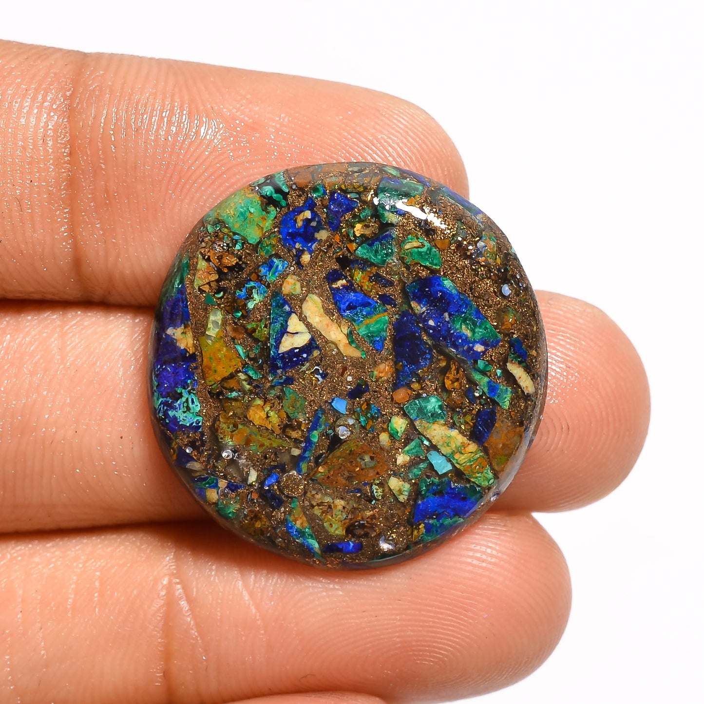 Supreme A One Quality Spiny Copper Azurite Malachite Round Shape Cabochon Gemstone For Making Jewelry 18.5 Ct. 24X24X4 mm V-819