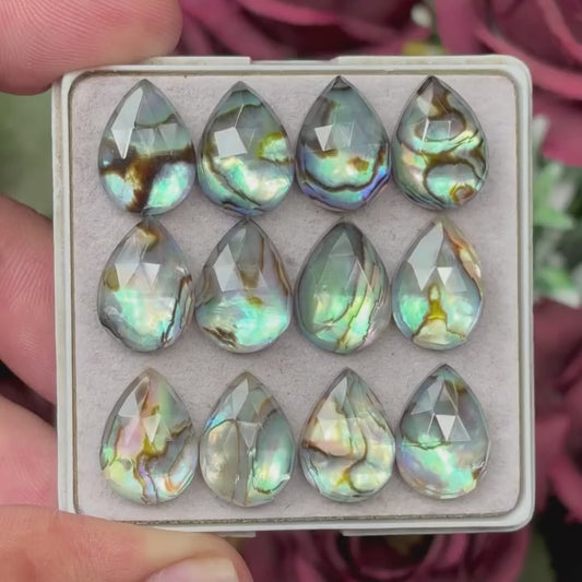 Abalone Shell Doublet Rosecut Slices Flat Back Pear Shape 10x14 mm, for Jewelry Making.