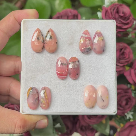 Pink Opal Rose Cut Slice Pairs 20-22 mm Natural Mixed Shape Flat Back for Earrings, Jewelry Making.