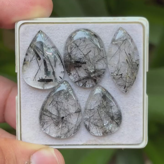 Black Rutile Quartz Mix Shape Cabochons Flat Back Gemstones Lot for Making Jewelry, 20-25 mm