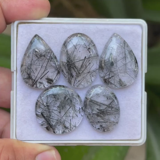 Black Rutile Quartz Mix Shape Cabochons Flat Back Gemstones Lot for Making Jewelry, 23-26 mm