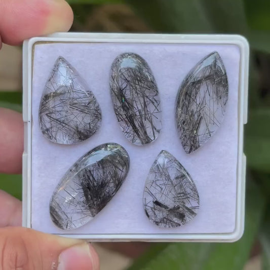 Black Rutile Quartz Mix Shape Cabochons Flat Back Gemstones Lot for Making Jewelry, 23-29 mm