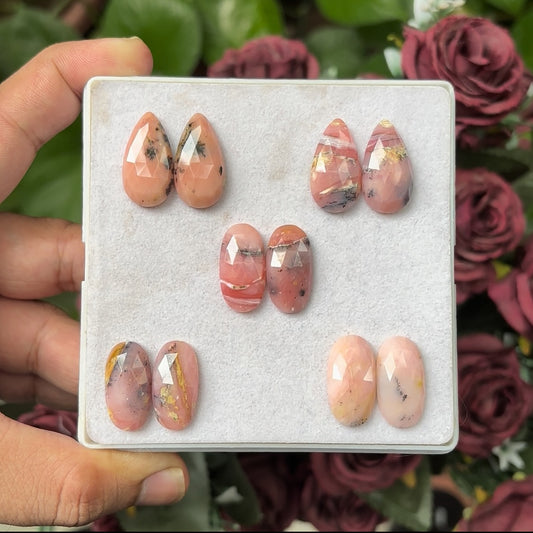 Pink Opal Rose Cut Slice Pairs 20-22 mm Natural Mixed Shape Flat Back for Earrings, Jewelry Making.