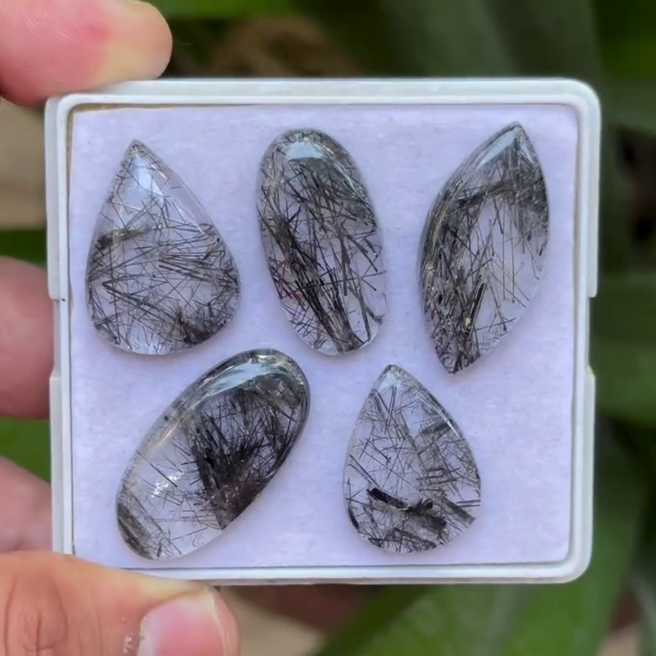 Black Rutile Quartz Mix Shape Cabochons Flat Back Gemstones Lot for Making Jewelry, 23-29 mm