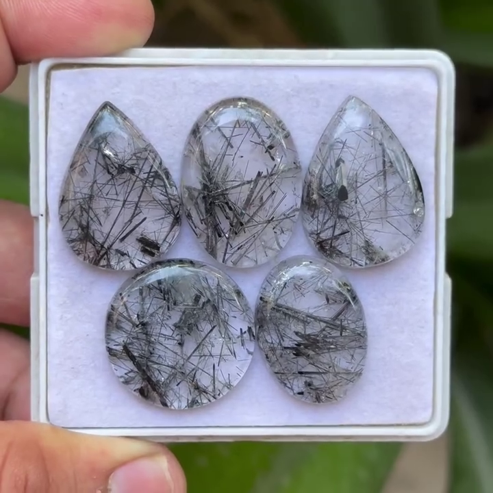 Black Rutile Quartz Mix Shape Cabochons Flat Back Gemstones Lot for Making Jewelry, 23-26 mm