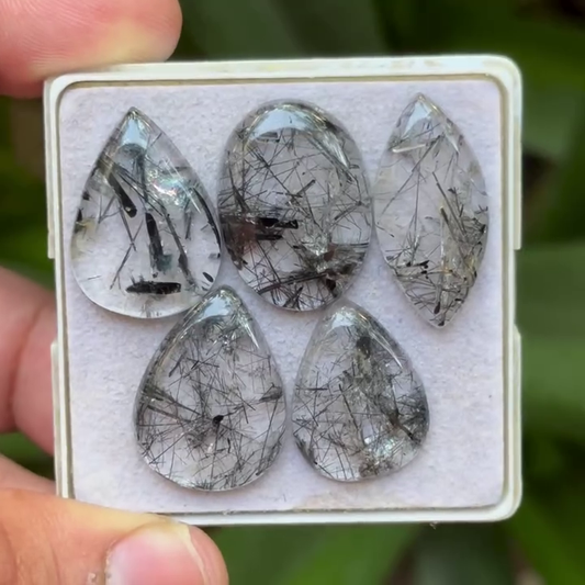 Black Rutile Quartz Mix Shape Cabochons Flat Back Gemstones Lot for Making Jewelry, 20-25 mm