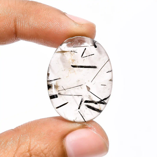 Stunning Top Grade Quality 100% Natural Black Rutile Quartz Oval Shape Cabochon Loose Gemstone For Making Jewelry 24 Ct. 27X20X5 mm V-1906