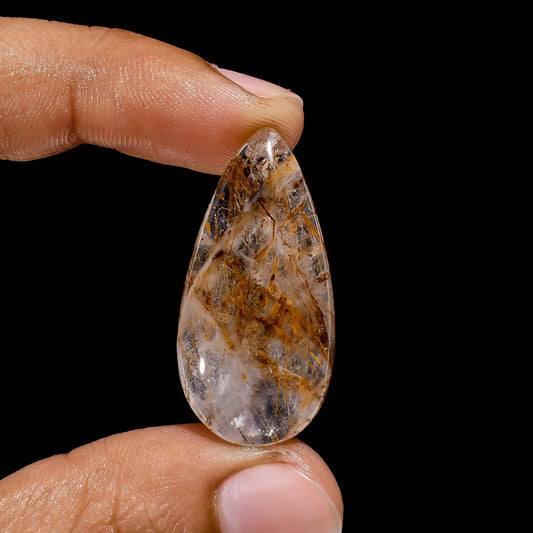 Outstanding Top Grade Quality 100% Natural Copper Rutile Quartz Pear Shape Cabochon Gemstone For Making Jewelry 23.5 Ct. 34X17X5 mm V-2438