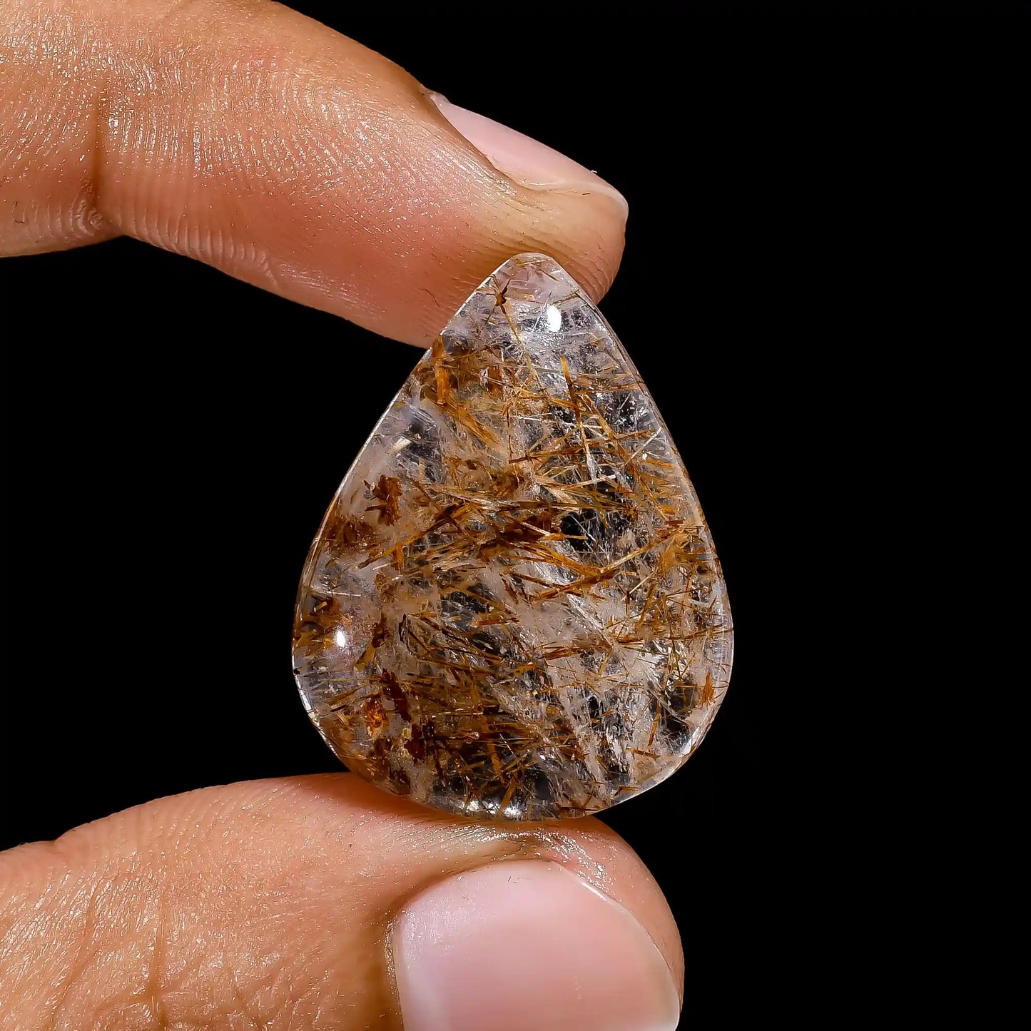 Splendid Top Grade Quality 100% Natural Copper Rutile Quartz Pear Shape Cabochon Loose Gemstone For Making Jewelry 23.5 Ct 26X20X5 mm V-2439