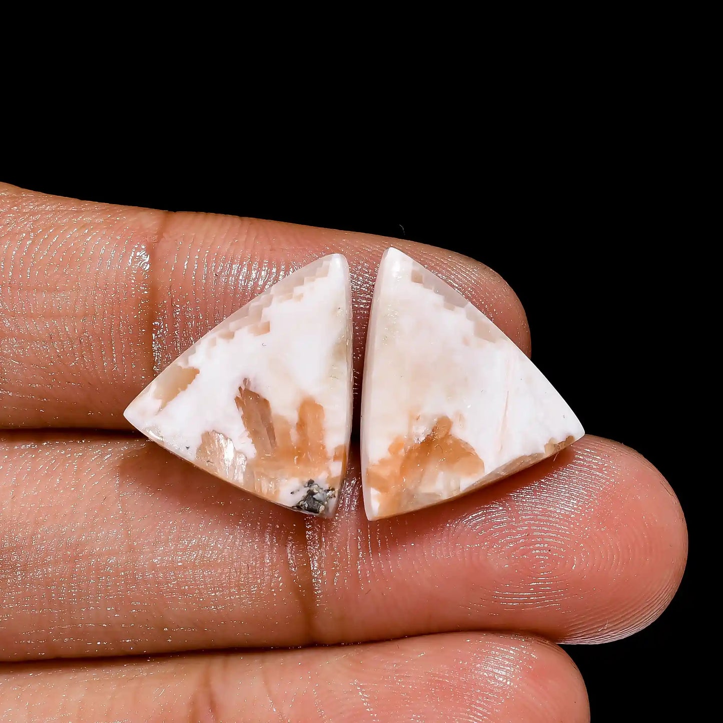 Stunning Top Grade Quality 100% Natural Pink Scolecite Triangle Shape Cabochon Loose Gemstone Pair For Making Earrings 10 Ct 16X15X3 mm V2567