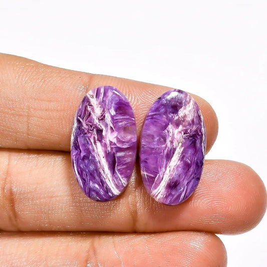 Dazzling Top Grade Quality 100% Natural Charoite Oval Shape Cabochon Loose Gemstone Pair For Making Earrings 18.5 Ct. 21X12X4 mm V-2653