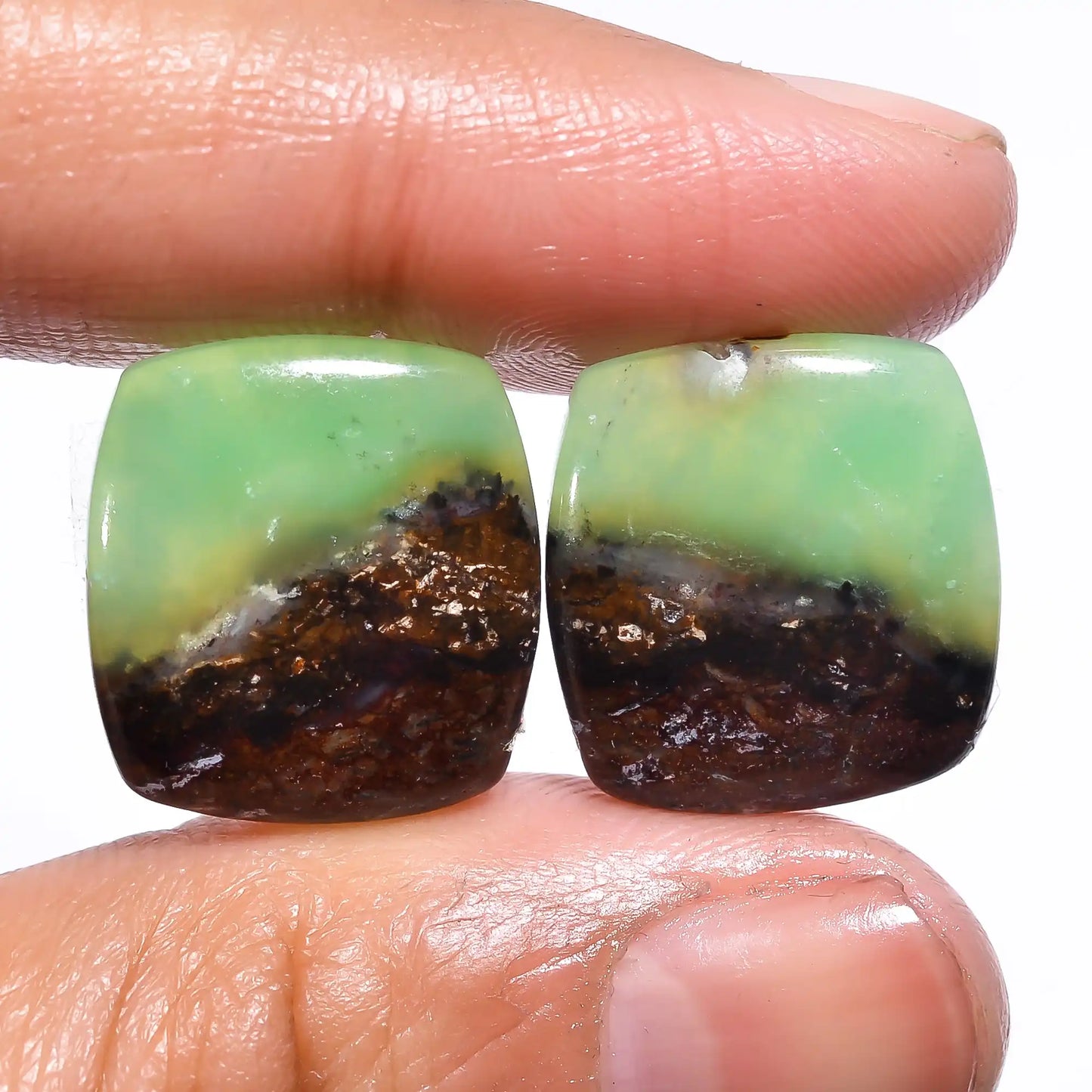 Tempting Top Grade Quality 100% Natural Bio Chrysoprase Cushion Shape Cabochon Loose Gemstone Pair For Making Earrings 20 Ct 17X16X4mm V-449